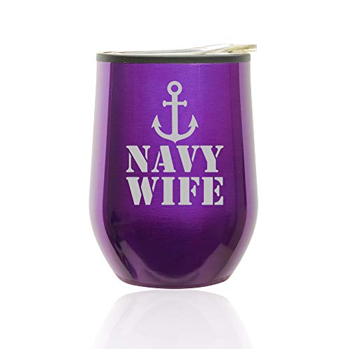 Stemless Wine Tumbler Coffee Travel Mug Glass With Lid Navy Wife (Royal Purple)