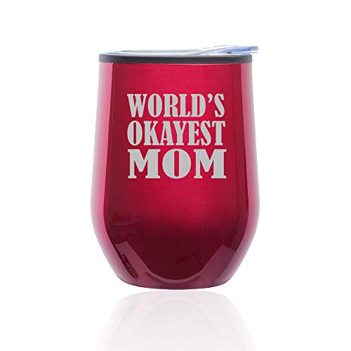 Stemless Wine Tumbler Coffee Travel Mug Glass With Lid World's Okayest Mom (Fuchsia)