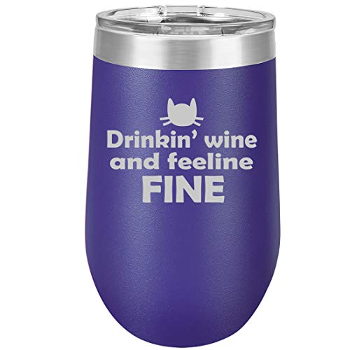 16 oz Double Wall Vacuum Insulated Stainless Steel Stemless Wine Tumbler Glass Coffee Travel Mug With Lid Drinking Wine And Feeline Fine Cat Funny (Purple)