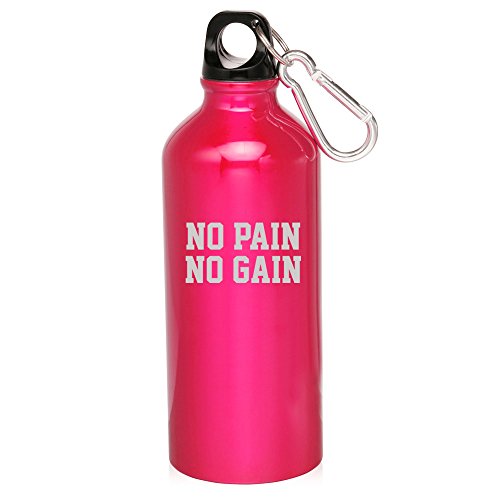 20oz Aluminum Sports Water Bottle Caribiner Clip No Pain No Gain (Hot Pink)