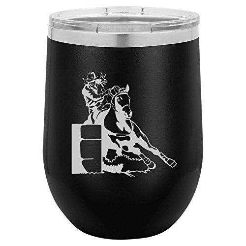 12 oz Double Wall Vacuum Insulated Stainless Steel Stemless Wine Tumbler Glass Coffee Travel Mug With Lid Female Barrel Racing Cowgirl (Black)