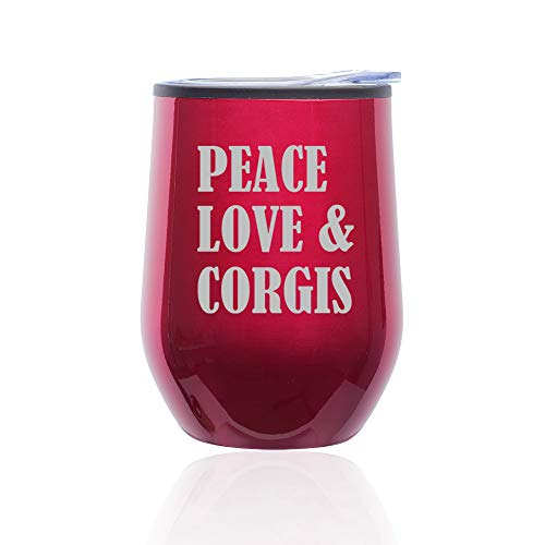 Stemless Wine Tumbler Coffee Travel Mug Glass With Lid Peace Love & Corgis (Fuchsia)