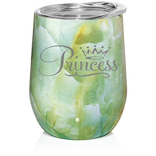 12 oz Double Wall Vacuum Insulated Stainless Steel Marble Stemless Wine Tumbler Glass Coffee Travel Mug With Lid Princess Fancy (Turquoise Green Marble)