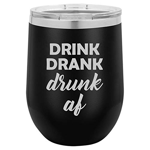 12 oz Double Wall Vacuum Insulated Stainless Steel Stemless Wine Tumbler Glass Coffee Travel Mug With Lid Drink Drank Drunk AF Funny (Black)