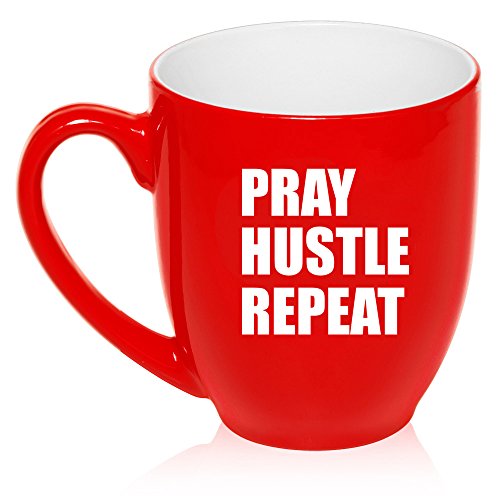 16 oz Large Bistro Mug Ceramic Coffee Tea Glass Cup Pray Hustle Repeat (Red)