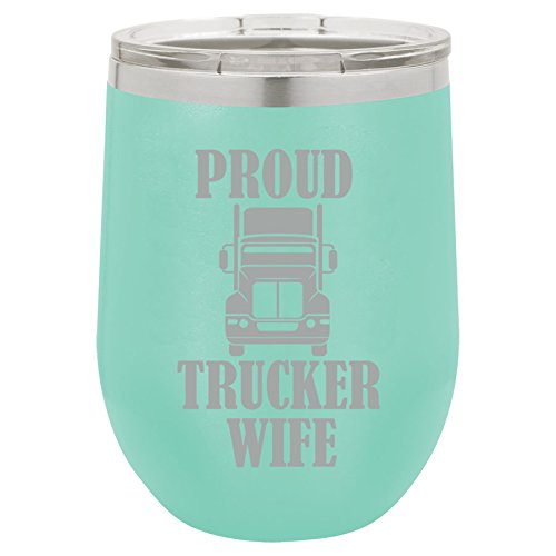 12 oz Double Wall Vacuum Insulated Stainless Steel Stemless Wine Tumbler Glass Coffee Travel Mug With Lid Proud Trucker Wife (Teal)