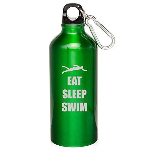 20oz Aluminum Sports Water Bottle Caribiner Clip Eat Sleep Swim Swimmer (Green)