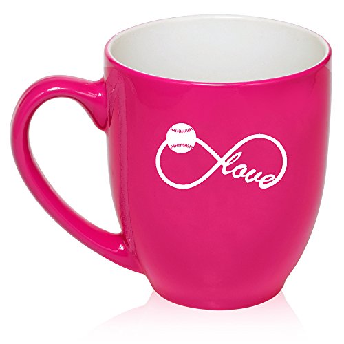 16 oz Large Bistro Mug Ceramic Coffee Tea Glass Cup Infinity Infinite Love for Baseball Softball (Hot Pink)