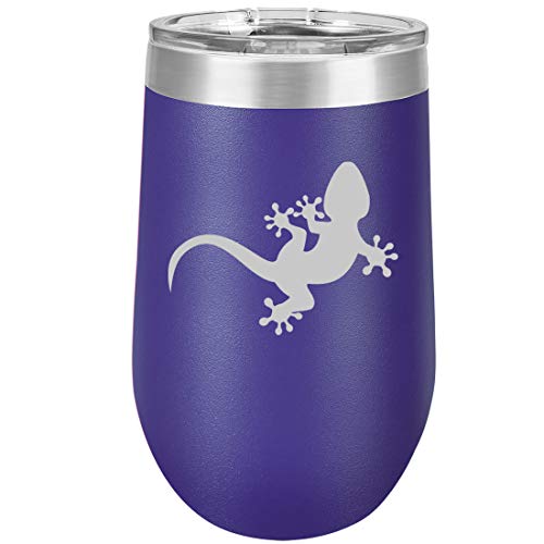 16 oz Double Wall Vacuum Insulated Stainless Steel Stemless Wine Tumbler Glass Coffee Travel Mug With Lid Gecko Lizard (Purple)