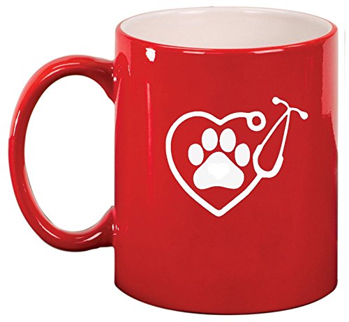 Ceramic Coffee Tea Mug Cup Heart Stethoscope Vet Tech Veterinarian (Red)