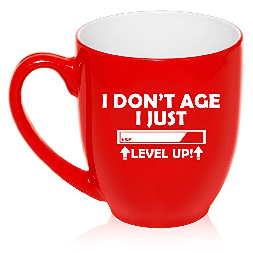 16 oz Large Bistro Mug Ceramic Coffee Tea Glass Cup I Don't Age I Just Level Up Funny Birthday (Red)