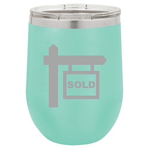 12 oz Double Wall Vacuum Insulated Stainless Steel Stemless Wine Tumbler Glass Coffee Travel Mug With Lid Real Estate Agent Broker Realtor Sold (Teal)