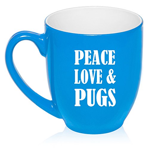 16 oz Large Bistro Mug Ceramic Coffee Tea Glass Cup Peace Love & Pugs (Light Blue)