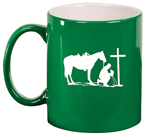 Ceramic Coffee Tea Mug Cup Cowboy Praying Cross Horse (Green)