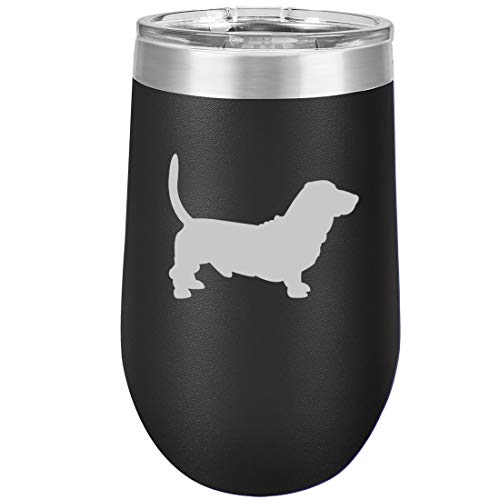 16 oz Double Wall Vacuum Insulated Stainless Steel Stemless Wine Tumbler Glass Coffee Travel Mug With Lid Basset Hound (Black)