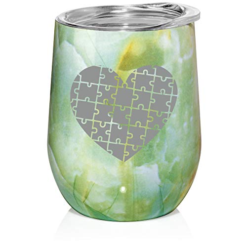 12 oz Double Wall Vacuum Insulated Stainless Steel Marble Stemless Wine Tumbler Glass Coffee Travel Mug With Lid Heart Puzzle Autism (Turquoise Green Marble)