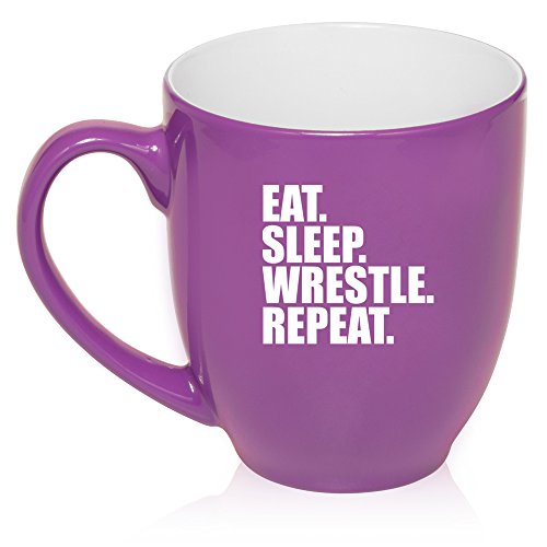 16 oz Large Bistro Mug Ceramic Coffee Tea Glass Cup Eat Sleep Wrestle Repeat (Purple)