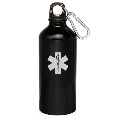 Black 20oz Aluminum Sports Water Bottle Caribiner Clip ZW497 Star of Life EMT