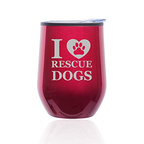 Stemless Wine Tumbler Coffee Travel Mug Glass With Lid I Heart Love Rescue Dogs (Fuchsia)