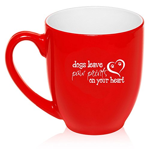 16 oz Large Bistro Mug Ceramic Coffee Tea Glass Cup Dogs Leave Paw Prints On Your Heart (Red)