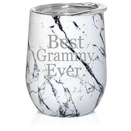 12 oz Double Wall Vacuum Insulated Stainless Steel Marble Stemless Wine Tumbler Glass Coffee Travel Mug With Lid Best Grammy Ever Grandma Grandmother (Black White Marble)