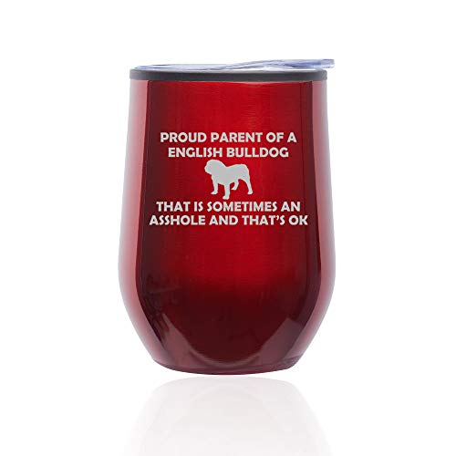 Stemless Wine Tumbler Coffee Travel Mug Glass With Lid Proud Parent English Bulldog (Red)