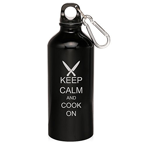 20oz Aluminum Sports Water Bottle Caribiner Clip Keep Calm and Cook On Chef Knives (Black)