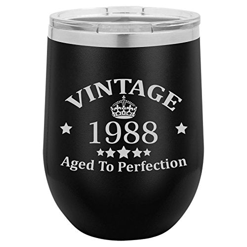 12 oz Double Wall Vacuum Insulated Stainless Steel Stemless Wine Tumbler Glass Coffee Travel Mug With Lid Vintage Aged To Perfection 1988 Birthday 30th Birthday (Black)
