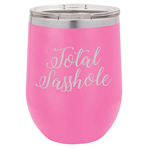 12 oz Double Wall Vacuum Insulated Stainless Steel Stemless Wine Tumbler Glass Coffee Travel Mug With Lid Total Sasshole (Hot Pink)