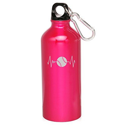 20oz Aluminum Sports Water Bottle Caribiner Clip Heart Beats Softball Baseball (Hot Pink)