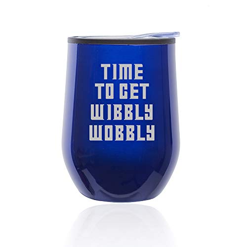 Stemless Wine Tumbler Coffee Travel Mug Glass With Lid Time To Get Wibbly Wobbly (Blue)