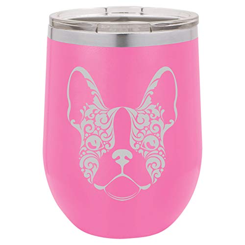 12 oz Double Wall Vacuum Insulated Stainless Steel Stemless Wine Tumbler Glass Coffee Travel Mug With Lid French Bulldog Floral (Hot-Pink)