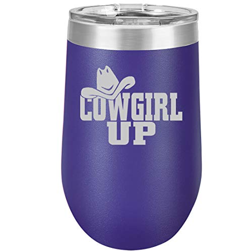 16 oz Double Wall Vacuum Insulated Stainless Steel Stemless Wine Tumbler Glass Coffee Travel Mug With Lid Cowgirl Up With Hat (Purple)