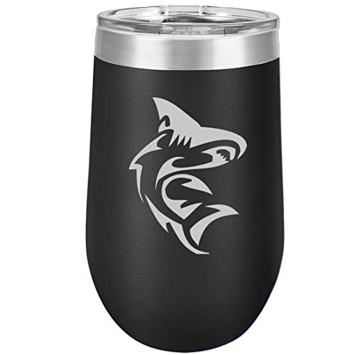 16 oz Double Wall Vacuum Insulated Stainless Steel Stemless Wine Tumbler Glass Coffee Travel Mug With Lid Shark (Black)