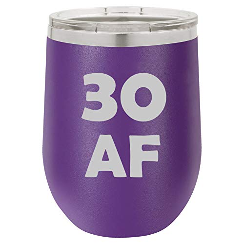 12 oz Double Wall Vacuum Insulated Stainless Steel Stemless Wine Tumbler Glass Coffee Travel Mug With Lid 30 AF 30th Birthday Funny (Purple)