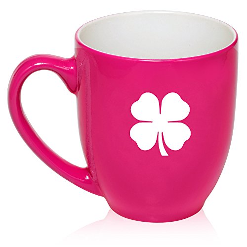 16 oz Large Bistro Mug Ceramic Coffee Tea Glass Cup Four Leaf Clover Shamrock (Hot Pink)
