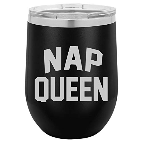 12 oz Double Wall Vacuum Insulated Stainless Steel Stemless Wine Tumbler Glass Coffee Travel Mug With Lid Nap Queen (Black)