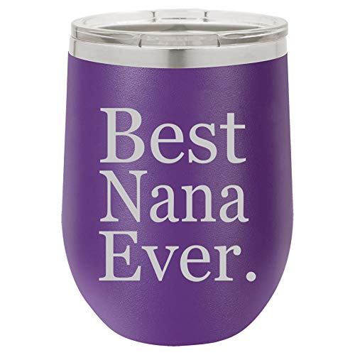 12 oz Double Wall Vacuum Insulated Stainless Steel Stemless Wine Tumbler Glass Coffee Travel Mug With Lid Best Nana Ever Grandma Grandmother (Purple)