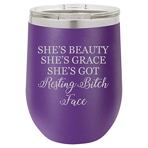 12 oz Double Wall Vacuum Insulated Stainless Steel Stemless Wine Tumbler Glass Coffee Travel Mug With Lid She's Beauty She's Grace She's Got Resting Btch Face Funny (Purple)