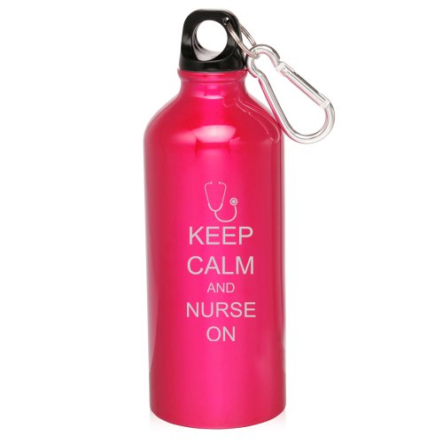 Hot Pink 20oz Aluminum Sports Water Bottle Caribiner Clip ZW196 Keep Calm and Nurse On Stethoscope