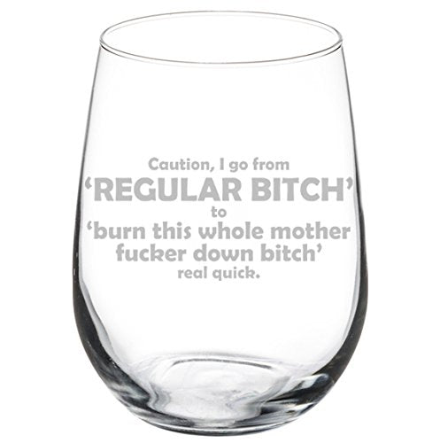 Wine Glass Goblet Funny Caution I Go From Regular Btch Real Quick (17 oz Stemless)