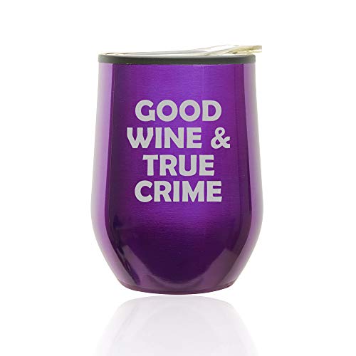 Stemless Wine Tumbler Coffee Travel Mug Glass With Lid Good Wine And True Crime (Royal Purple)