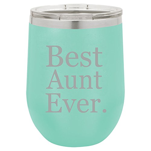 12 oz Double Wall Vacuum Insulated Stainless Steel Stemless Wine Tumbler Glass Coffee Travel Mug With Lid Best Aunt Ever (Teal)