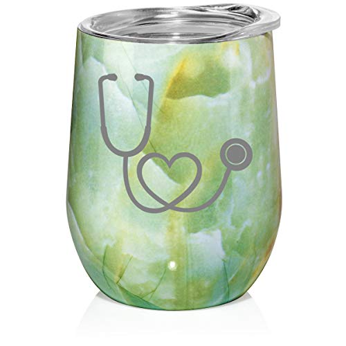 12 oz Double Wall Vacuum Insulated Stainless Steel Marble Stemless Wine Tumbler Glass Coffee Travel Mug With Lid Heart Stethoscope Nurse Doctor (Turquoise Green Marble)