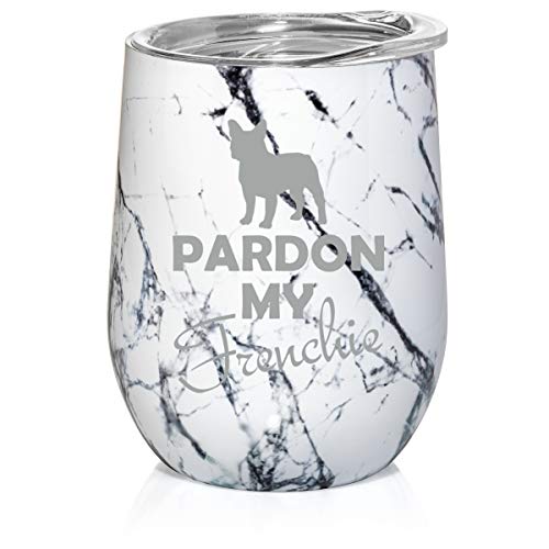 12 oz Double Wall Vacuum Insulated Stainless Steel Marble Stemless Wine Tumbler Glass Coffee Travel Mug With Lid Pardon My Frenchie French Bulldog (Black White Marble)