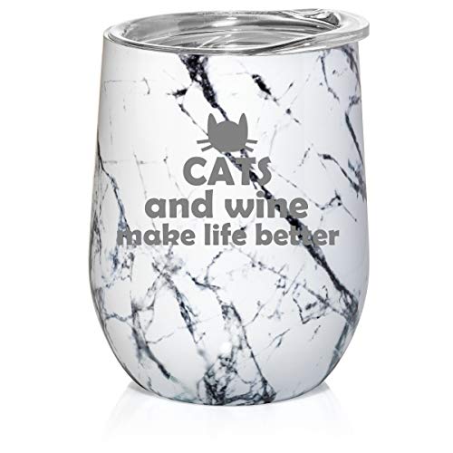 12 oz Double Wall Vacuum Insulated Stainless Steel Marble Stemless Wine Tumbler Glass Coffee Travel Mug With Lid Cats And Wine Make Life Better (Black White Marble)