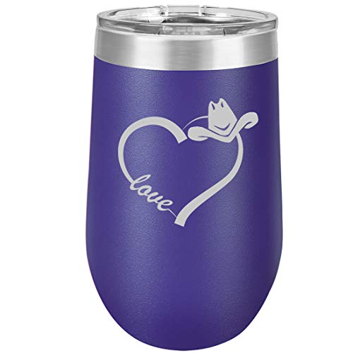16 oz Double Wall Vacuum Insulated Stainless Steel Stemless Wine Tumbler Glass Coffee Travel Mug With Lid Love Heart Country Cowgirl (Purple)