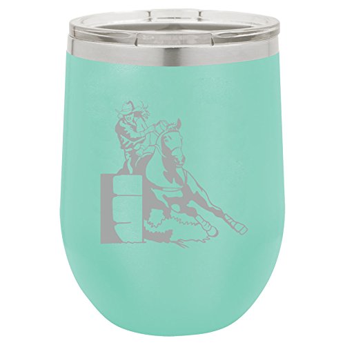 12 oz Double Wall Vacuum Insulated Stainless Steel Stemless Wine Tumbler Glass Coffee Travel Mug With Lid Female Barrel Racing Cowgirl (Teal)