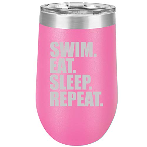 16 oz Double Wall Vacuum Insulated Stainless Steel Stemless Wine Tumbler Glass Coffee Travel Mug With Lid Swim Eat Sleep Repeat (Hot Pink)