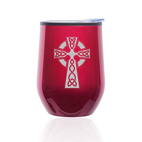 Stemless Wine Tumbler Coffee Travel Mug Glass With Lid Celtic Cross (Fuchsia)